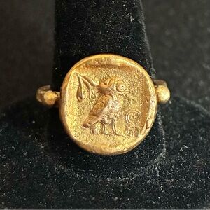 925 Sterling Silver Gold Plated Caprixus Ancient Greek Inspired Owl Signet Ring